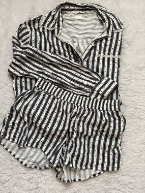 aerie Black and White Striped Button-Front Pajama Set